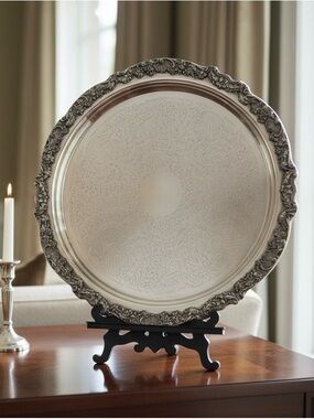 Vtg FB Rogers 19” Silver Plate Round Serving Tray Elegant Ornate Decor Accent